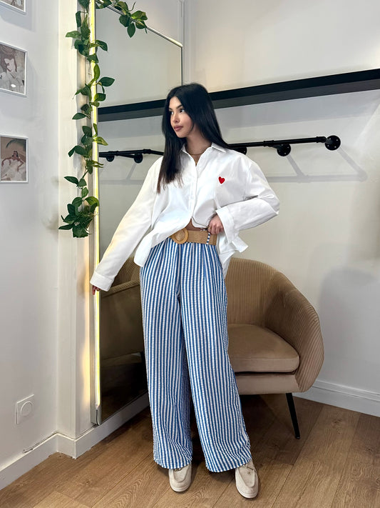 PANTALON LEGER RAYÉ BLEU AVEC CEINTURE