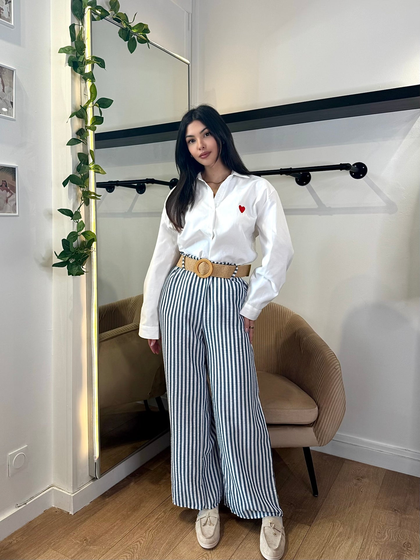 PANTALON LEGER RAYÉ MARINE AVEC CEINTURE