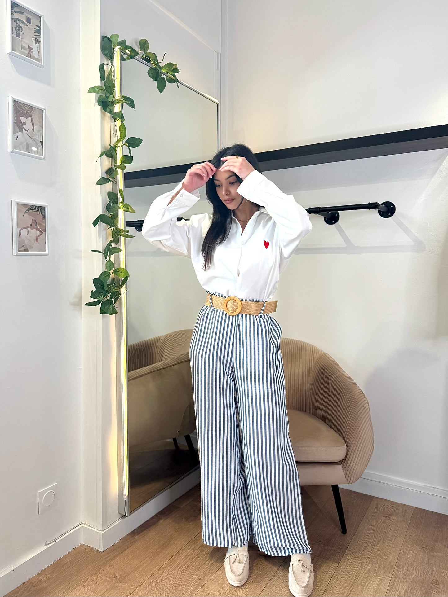 PANTALON LEGER RAYÉ MARINE AVEC CEINTURE