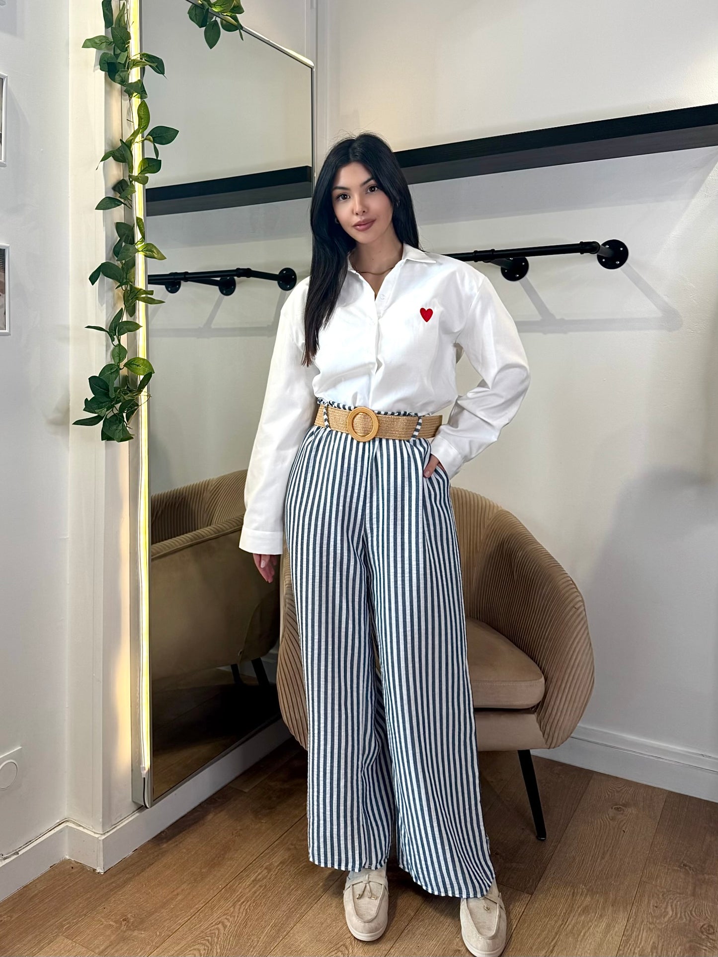 PANTALON LEGER RAYÉ MARINE AVEC CEINTURE