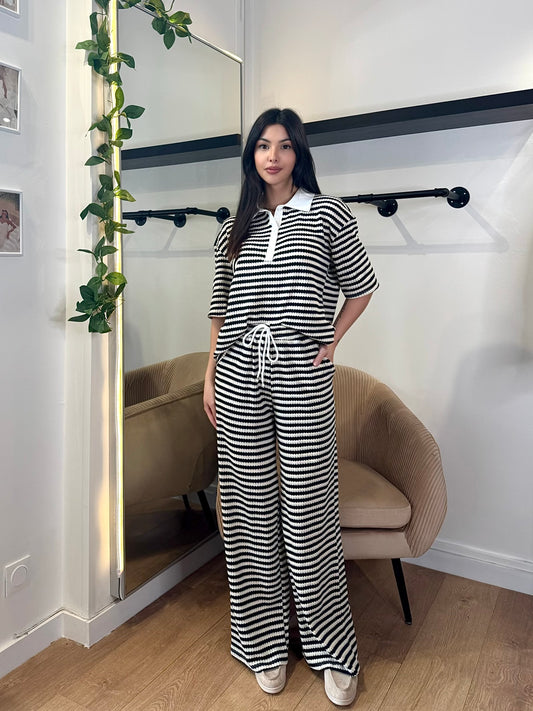 ENSEMBLE POLO RAYÉ NOIR BEIGE