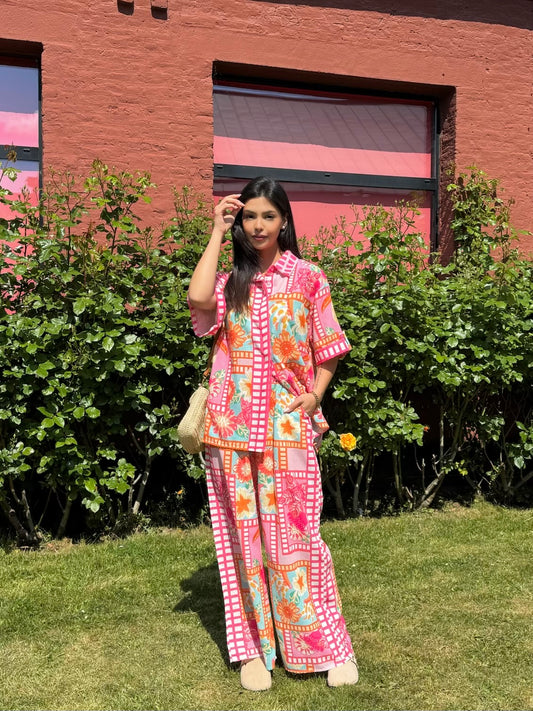 ENSEMBLE EFFET LIN ROSE IMPRIMÉ TROPICAL
