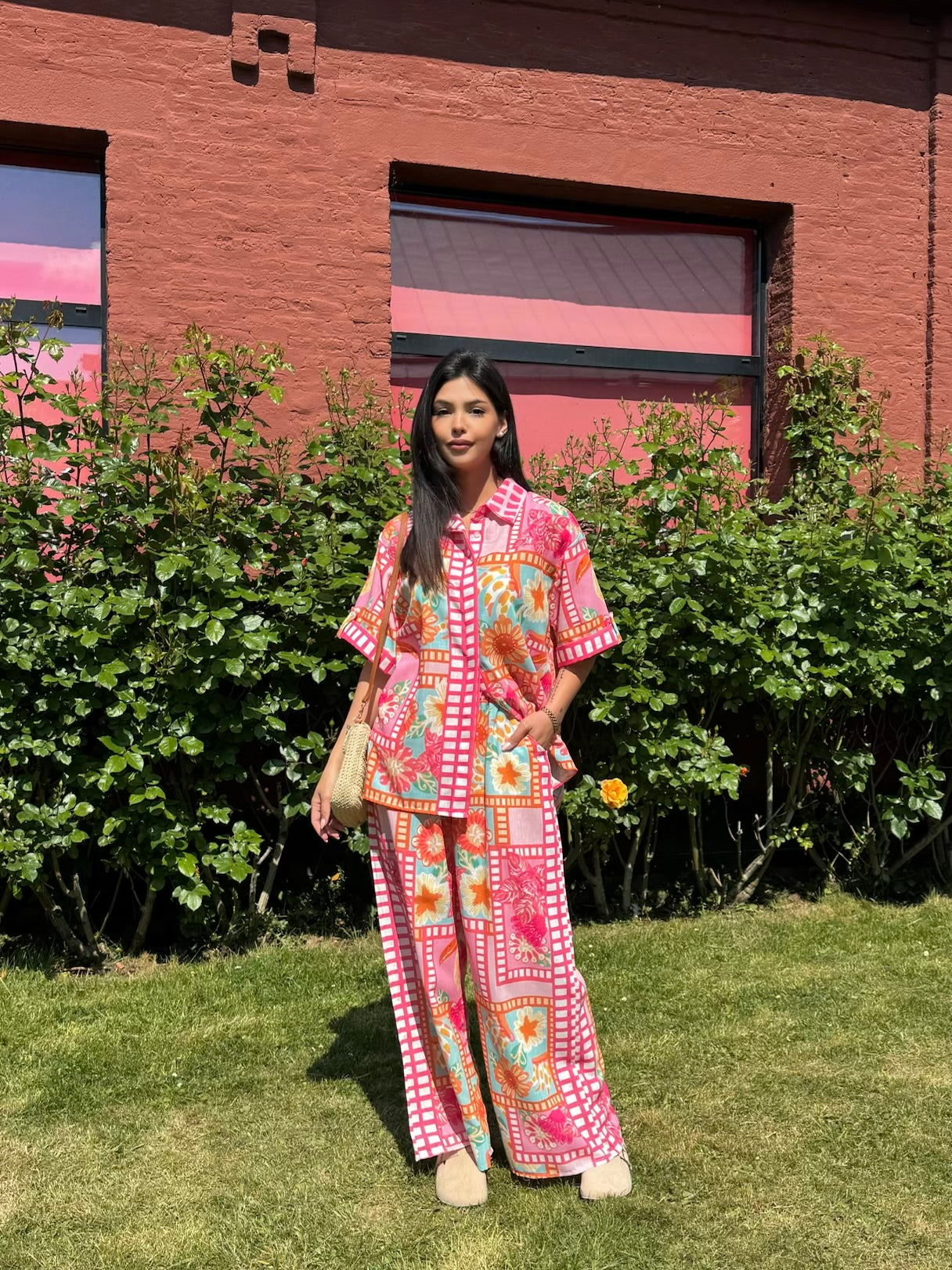 ENSEMBLE EFFET LIN ROSE IMPRIMÉ TROPICAL