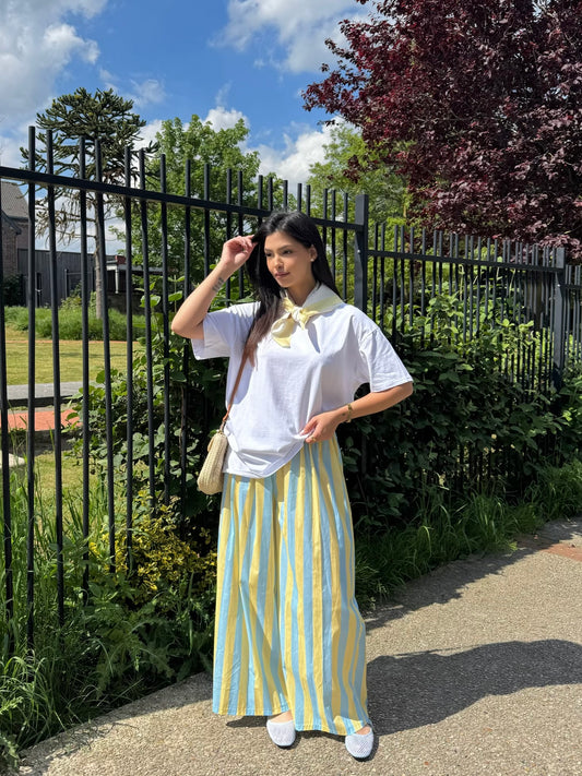 PANTALON FLUIDE RAYURES COLORÉES BLEU-JAUNE