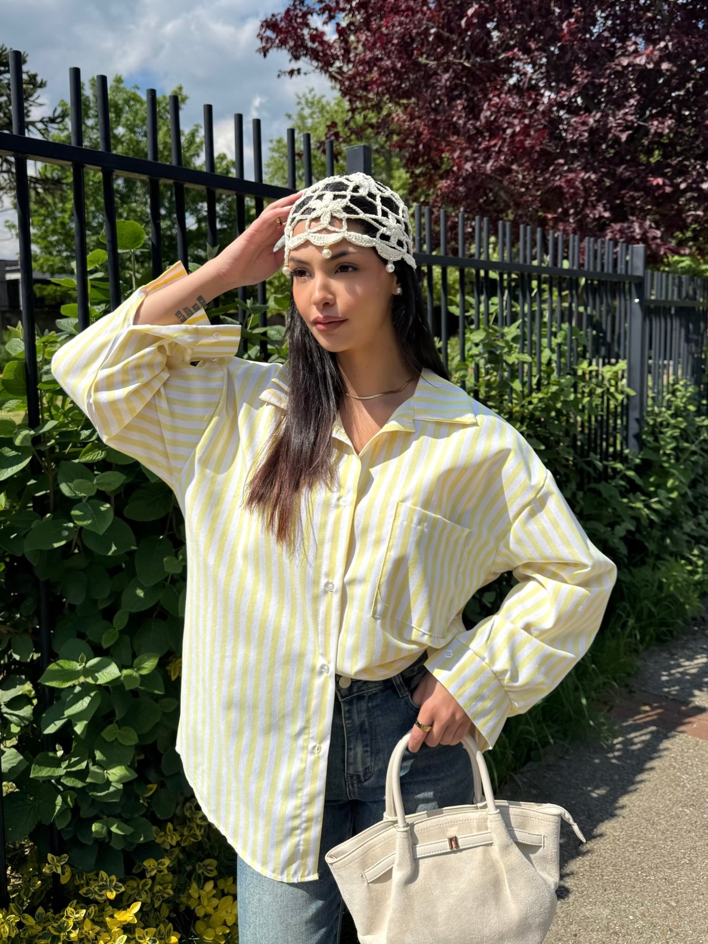 CHEMISE RAYÉ JAUNE-BLANC EFFET LIN