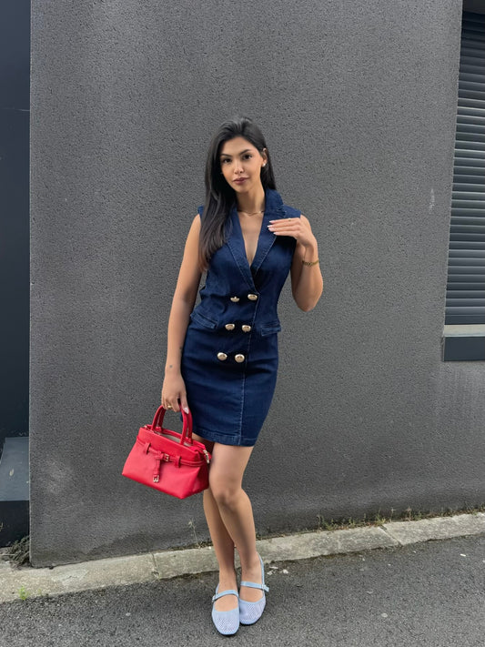 ROBE BLAZER INDIGO AVEC BOUTON DORÉ