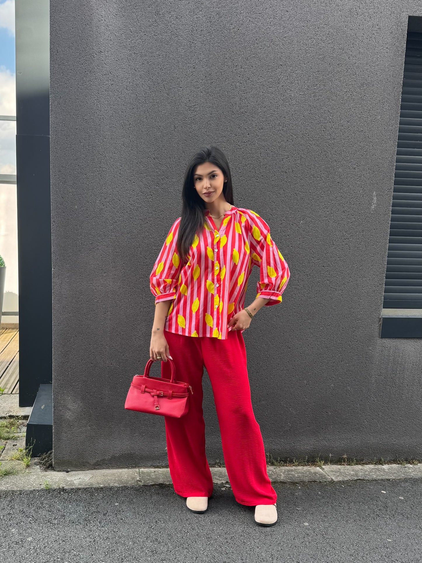 CHEMISE RAYER ROUGE-BLANC IMPRIMÉ CITRON