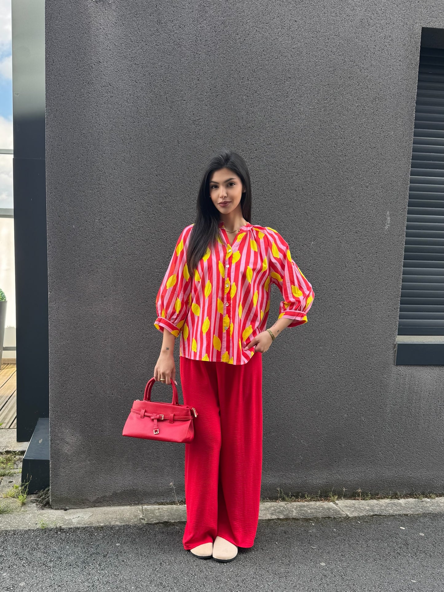 CHEMISE RAYER ROUGE-BLANC IMPRIMÉ CITRON