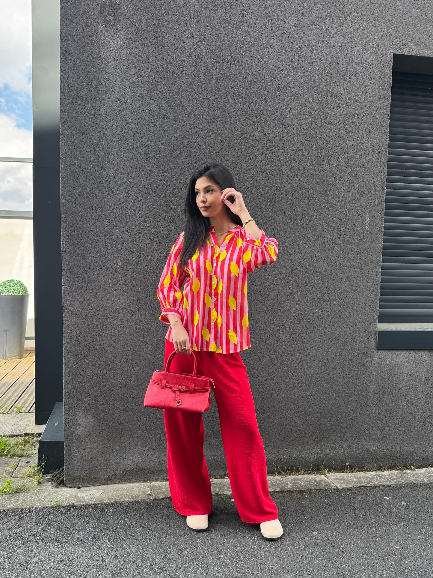CHEMISE RAYER ROUGE-BLANC IMPRIMÉ CITRON