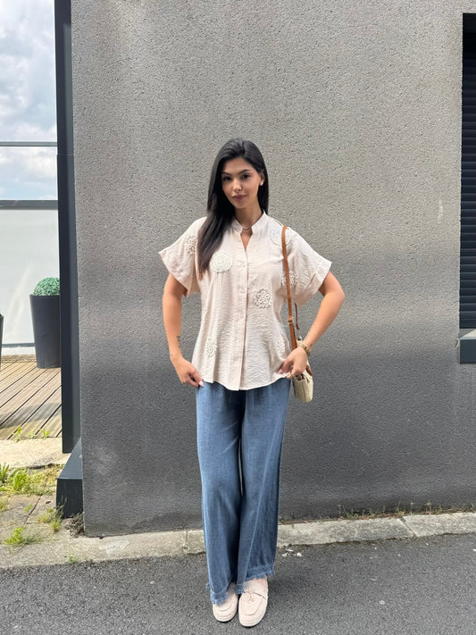 CHEMISIER BEIGE A BRODERIE BLANC