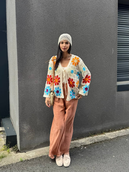 GILET EN CROCHET IMPRIMÉ FLEUR COLORÉ
