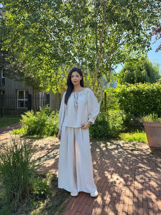 ENSEMBLE BLOUSE & PANTALON FLUIDE VICHY BEIGE