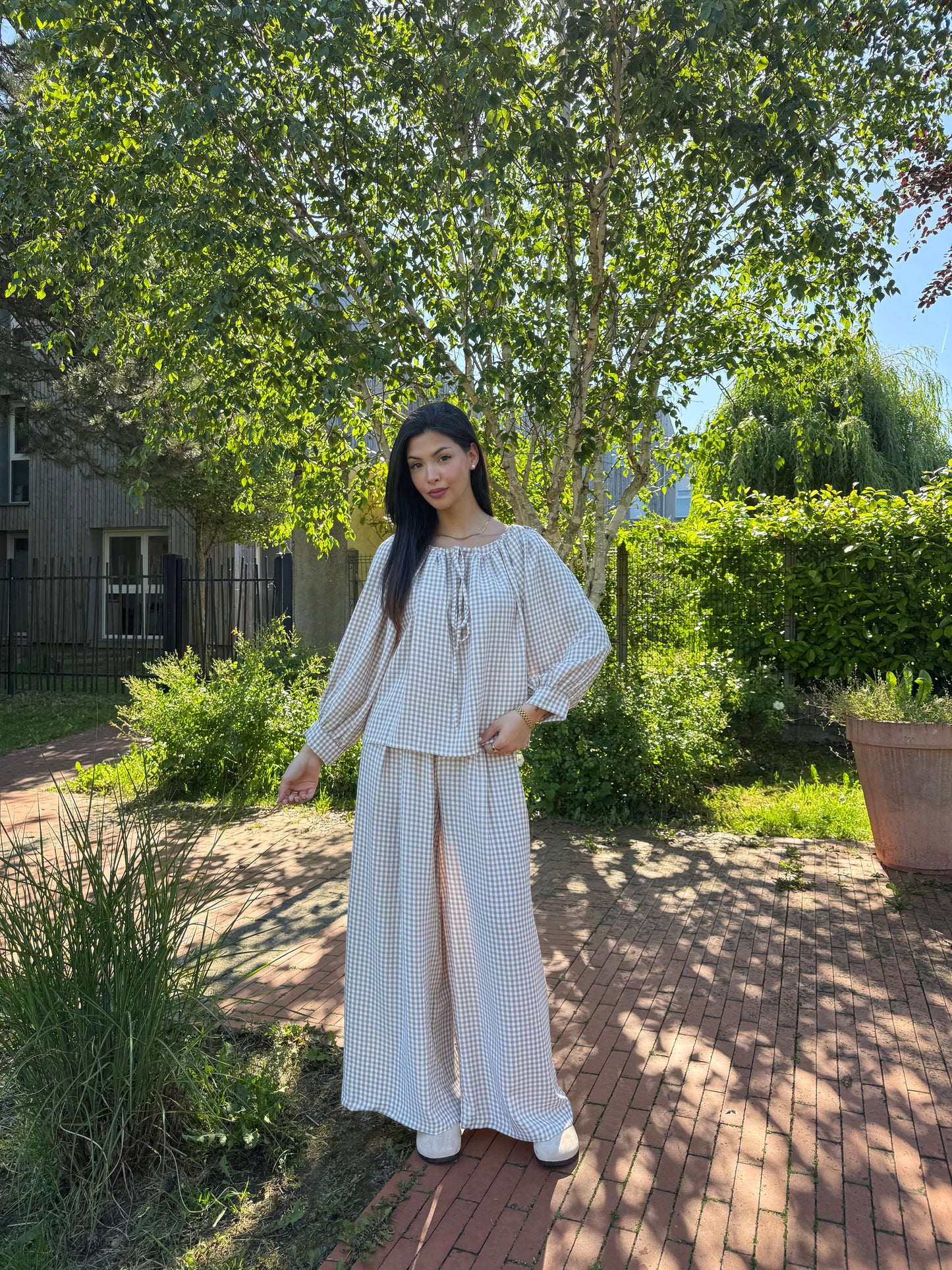 ENSEMBLE BLOUSE & PANTALON FLUIDE VICHY BEIGE