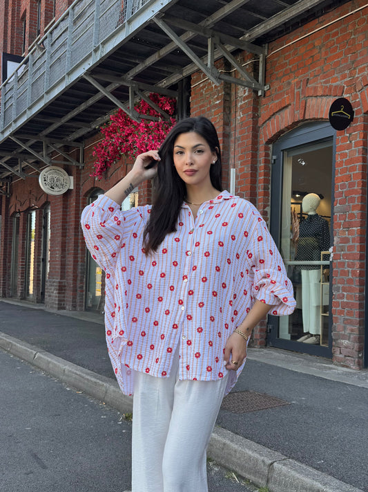 BLOUSE EN GAZ DE COTON A FLEUR ROSE & ROUGE