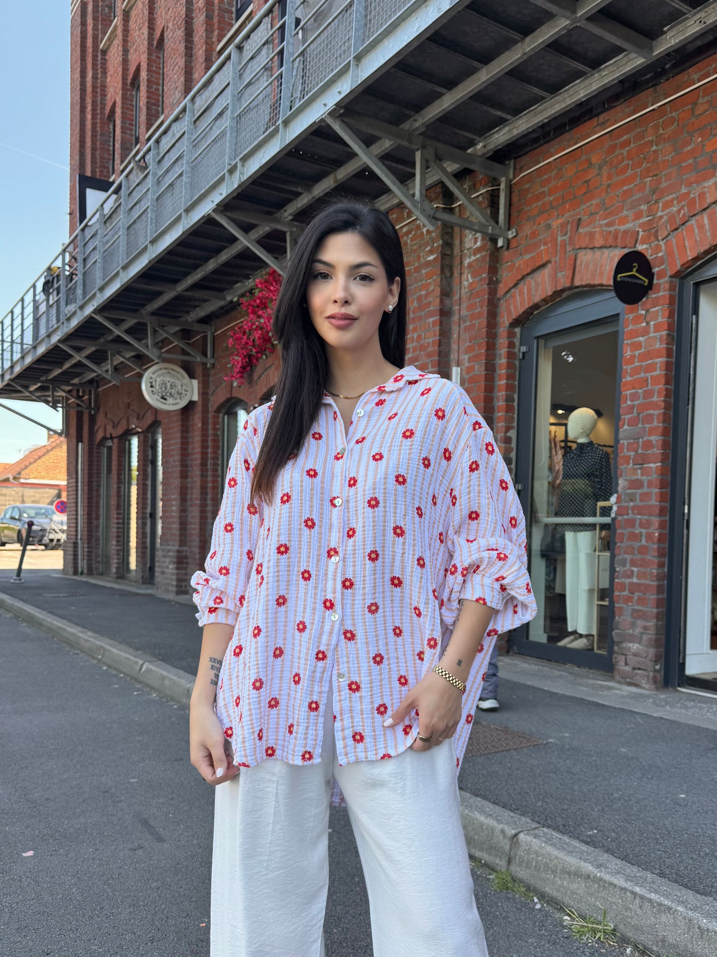BLOUSE EN GAZ DE COTON A FLEUR ROSE & ROUGE