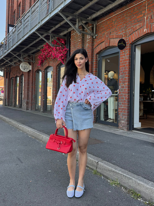BLOUSE EN GAZ DE COTON A FLEUR ORANGE & ROUGE