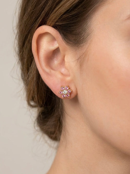 BOUCLE D'OREILLES DORÉES FLEUR EFFET DIAMANT ROSE