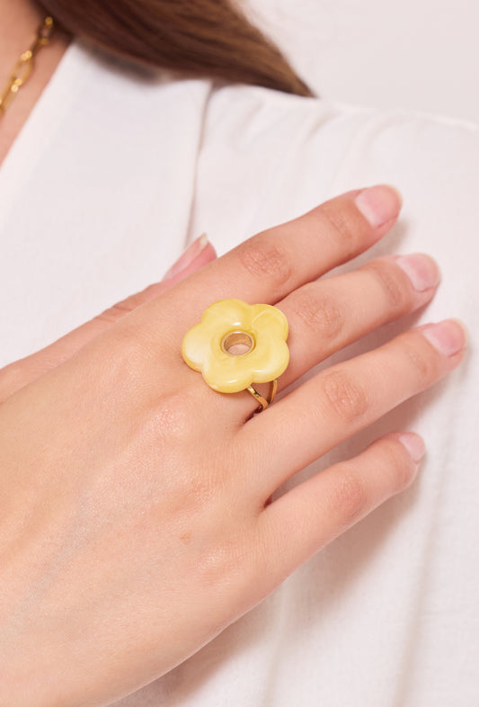 BAGUE FLEUR MARBRÉ JAUNE - BLANC