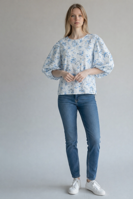 BLOUSE FLEURIE BLEU CÉLESTE