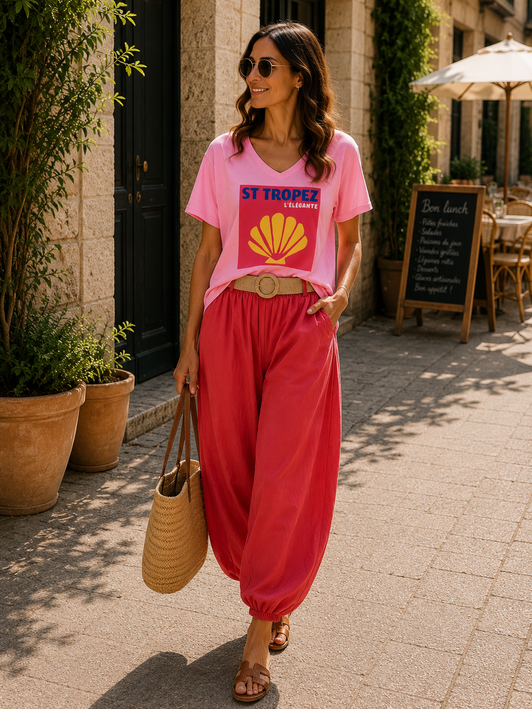 T-SHIRT COL V ROSE ST TROPEZ