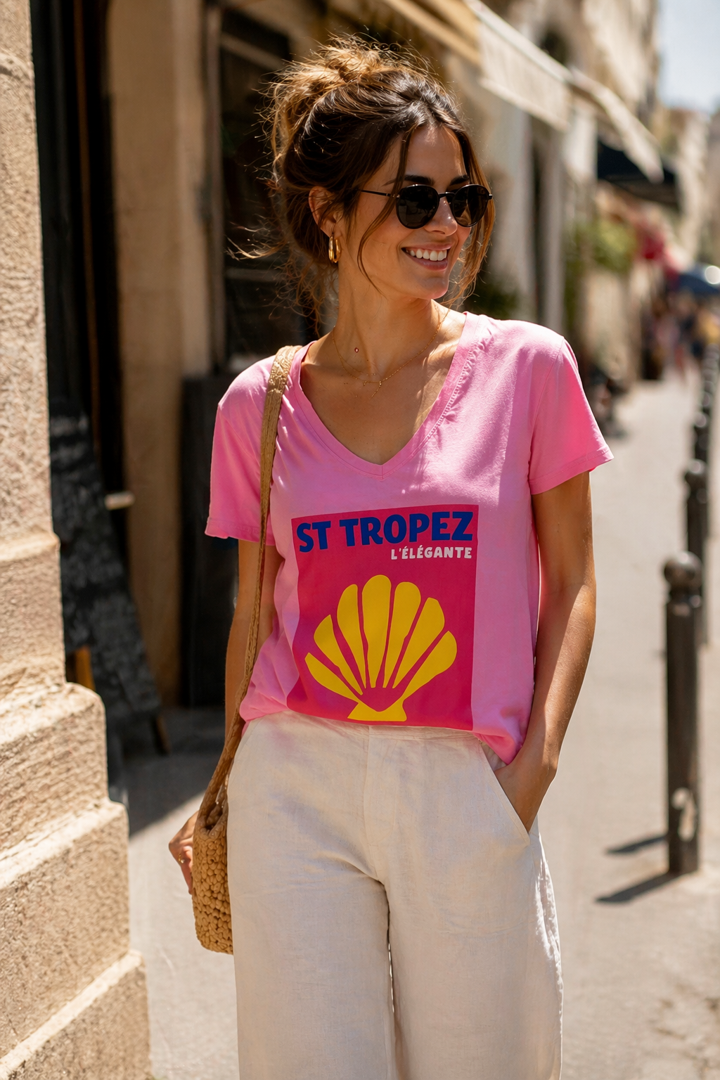 T-SHIRT COL V ROSE ST TROPEZ