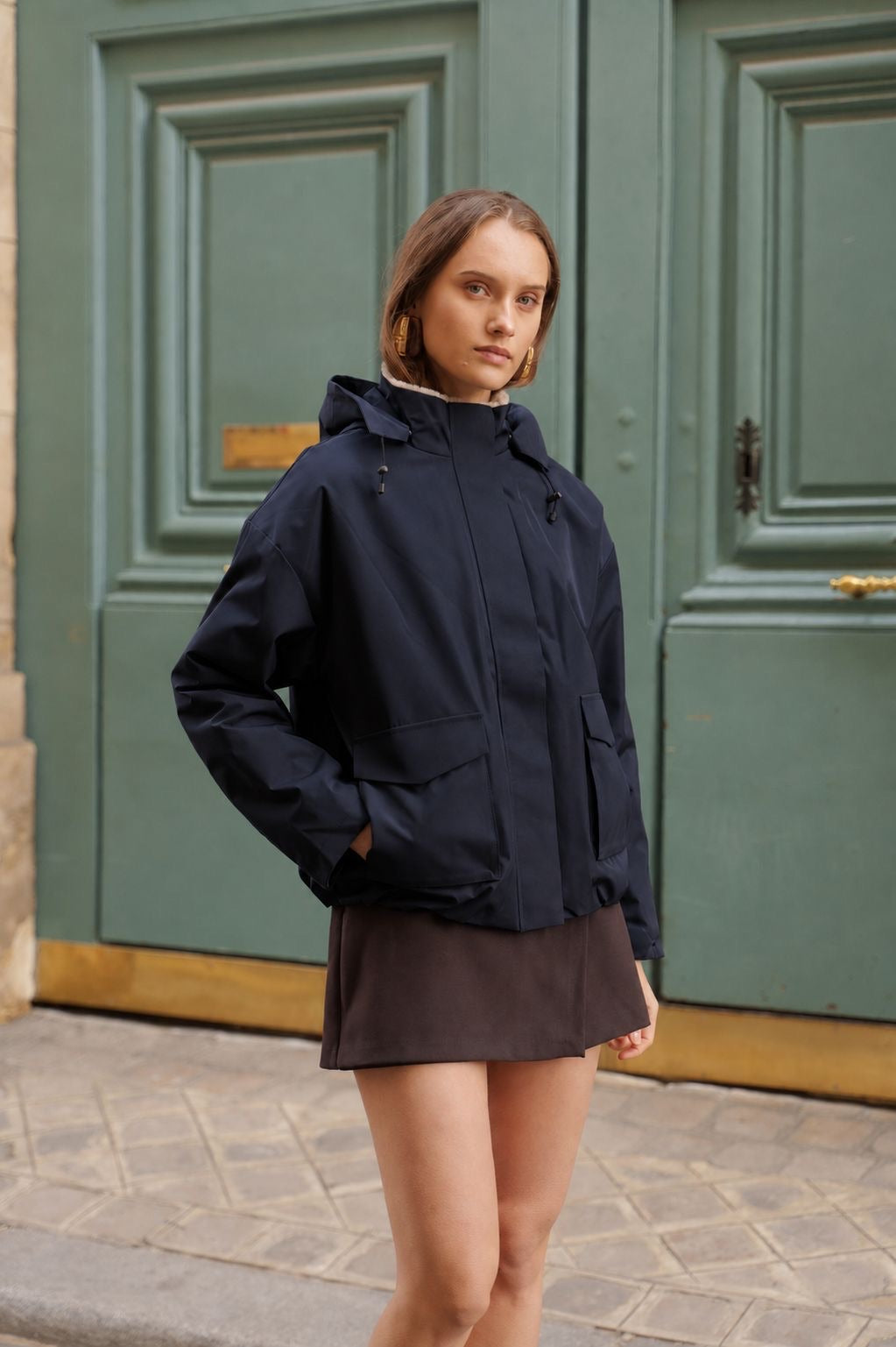 K-Way bleu foncé doublé fourrure à capuche