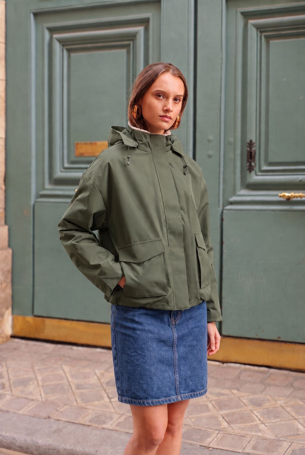 K-Way kaki doublé fourrure à capuche