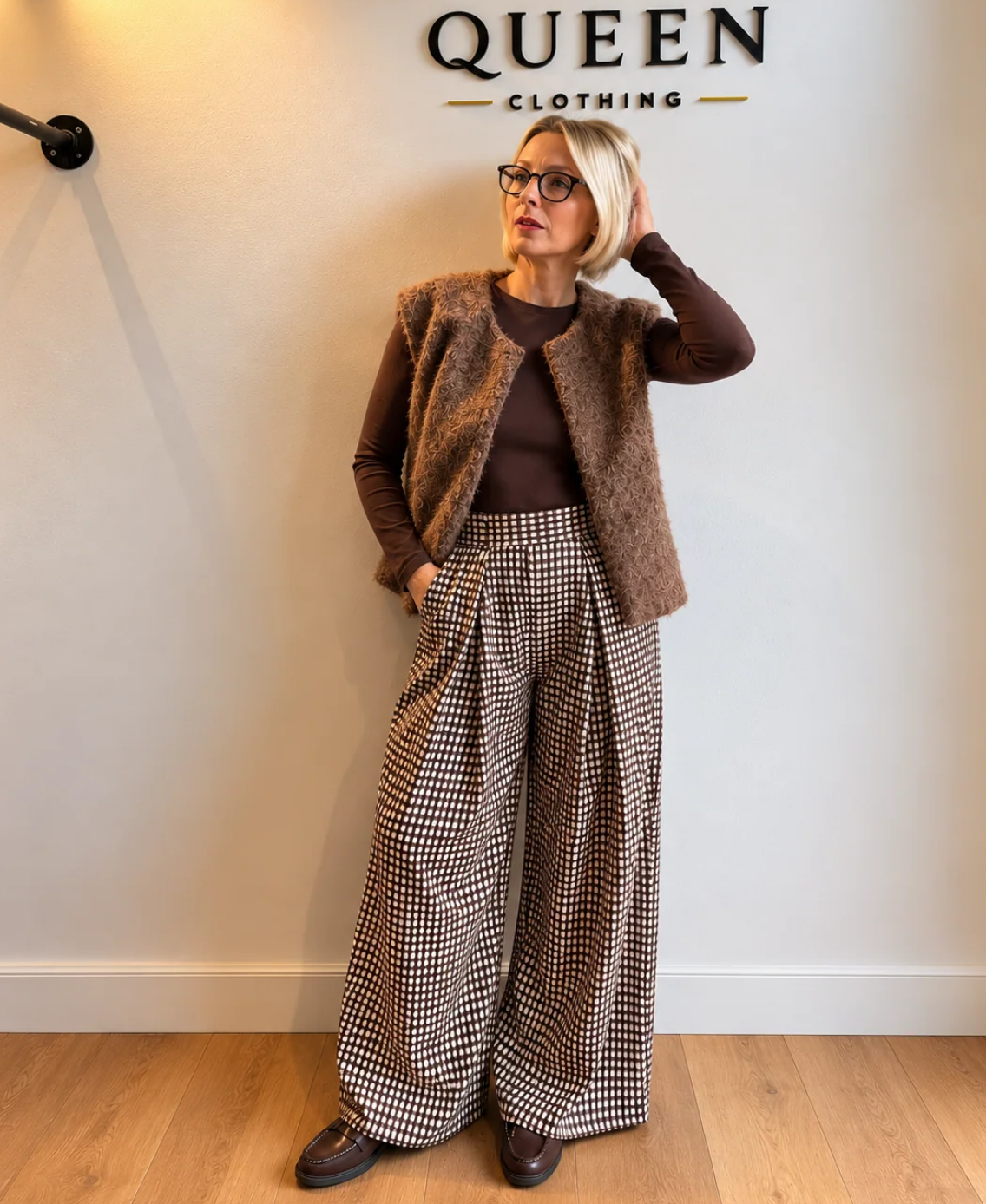 Pantalon large à carreaux - Marron et écru