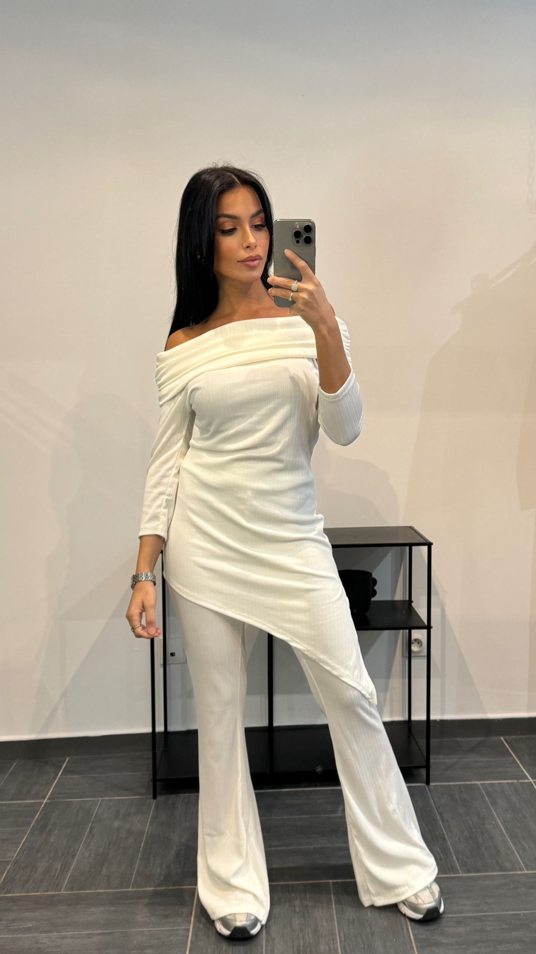 SET TOP COL BARDOT DRAPÉ + PANTALON {BLANC}